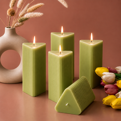 Large Triangle Ribbed Scented Pillar Candle green