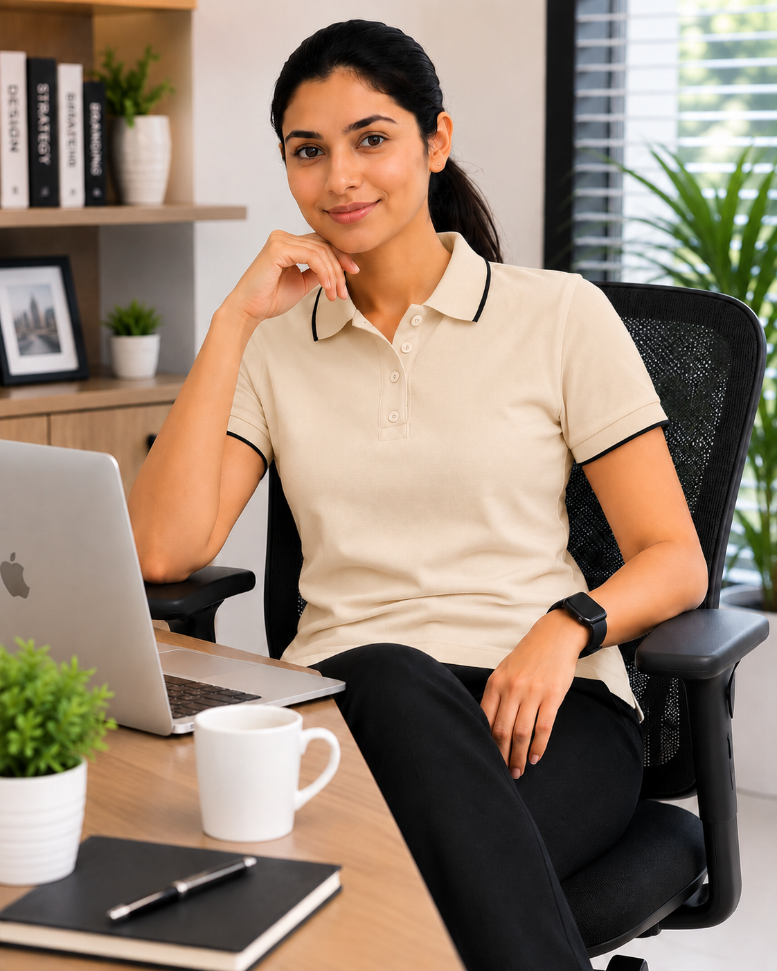 Beige Polo Formal T Shirt for Women | Office Wear T Shirt for Ladies