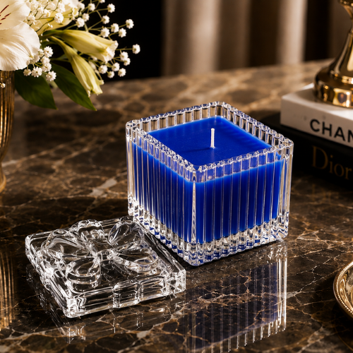Square Glass Jar Scented Candle with Crystal Lid Royal Blue