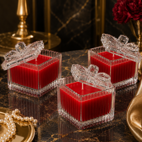 Square Glass Jar Scented Candle with Crystal Lid RED