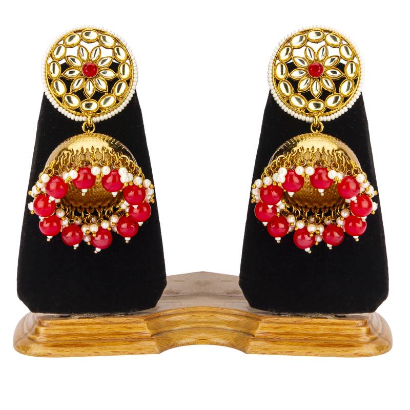 Traditional Dome Shaped Kundan Stud Red Pearls Golden Brass Jhumka