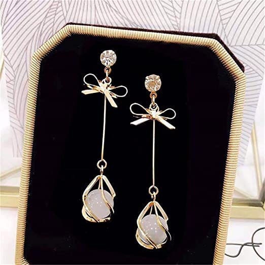 Derben Clove Silver Needle Korean Bow Opal Stone Earrings for Girls