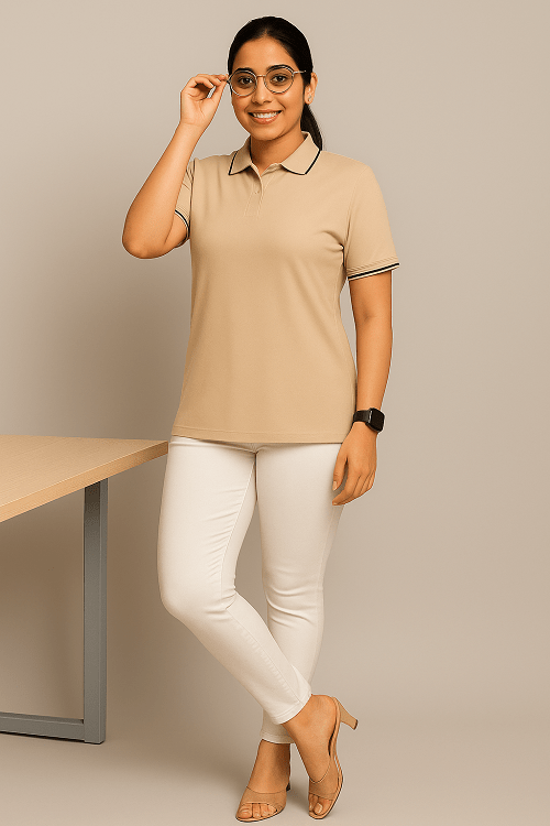 Beige Polo Formal T Shirt for Women | Office Wear T Shirt for Ladies
