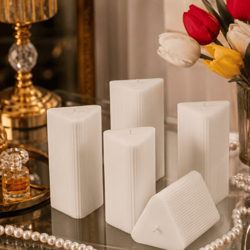 Large Triangle Ribbed Scented Pillar Candle white
