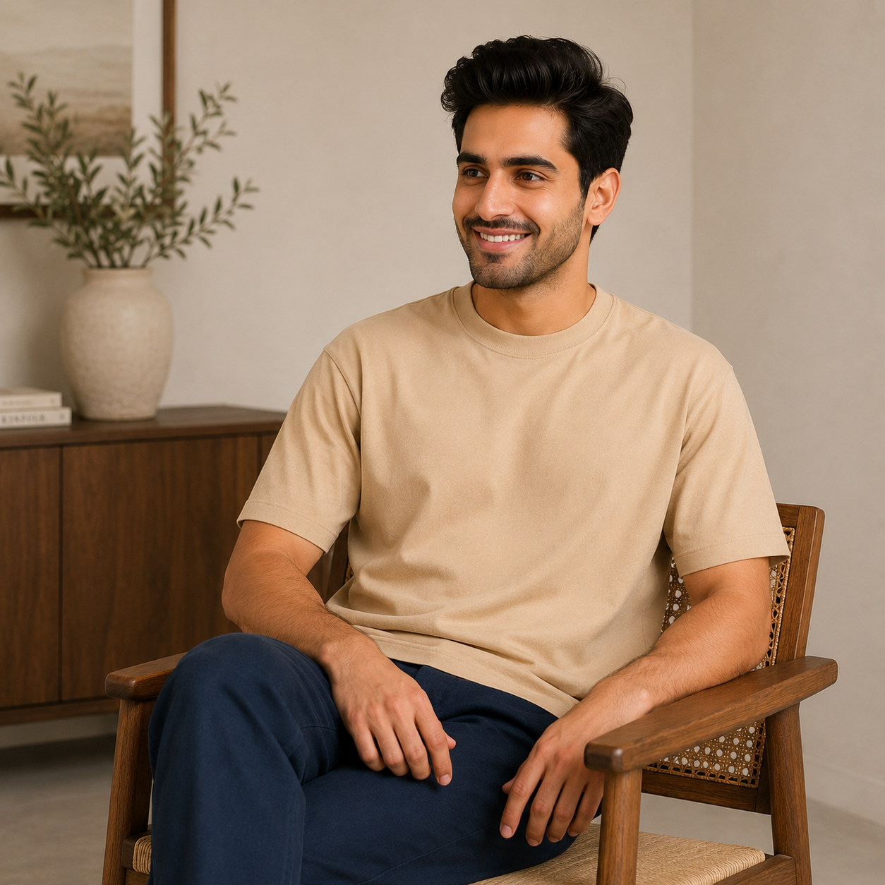 Plain Oversized T Shirt for Men Baggy Cotton Gym Tee Loose Fit - BEIGE