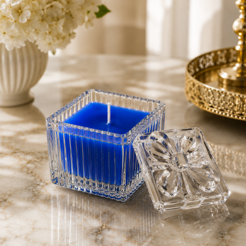 Square Glass Jar Scented Candle with Crystal Lid Royal Blue