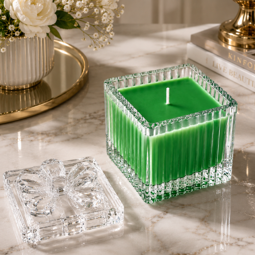 Square Glass Jar Scented Candle with Crystal Lid GREEN