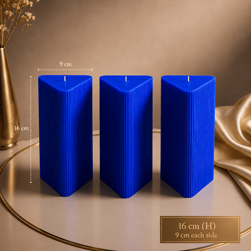 Large Triangle Ribbed Scented Pillar Candle blue