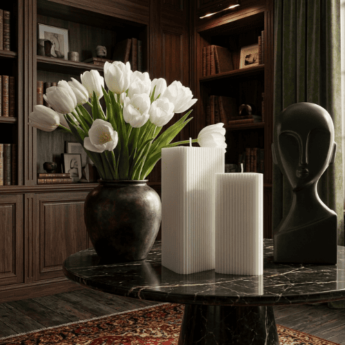 Large Triangle Ribbed Scented Pillar Candle white