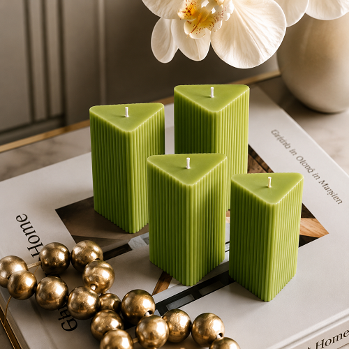 Large Triangle Ribbed Scented Pillar Candle green