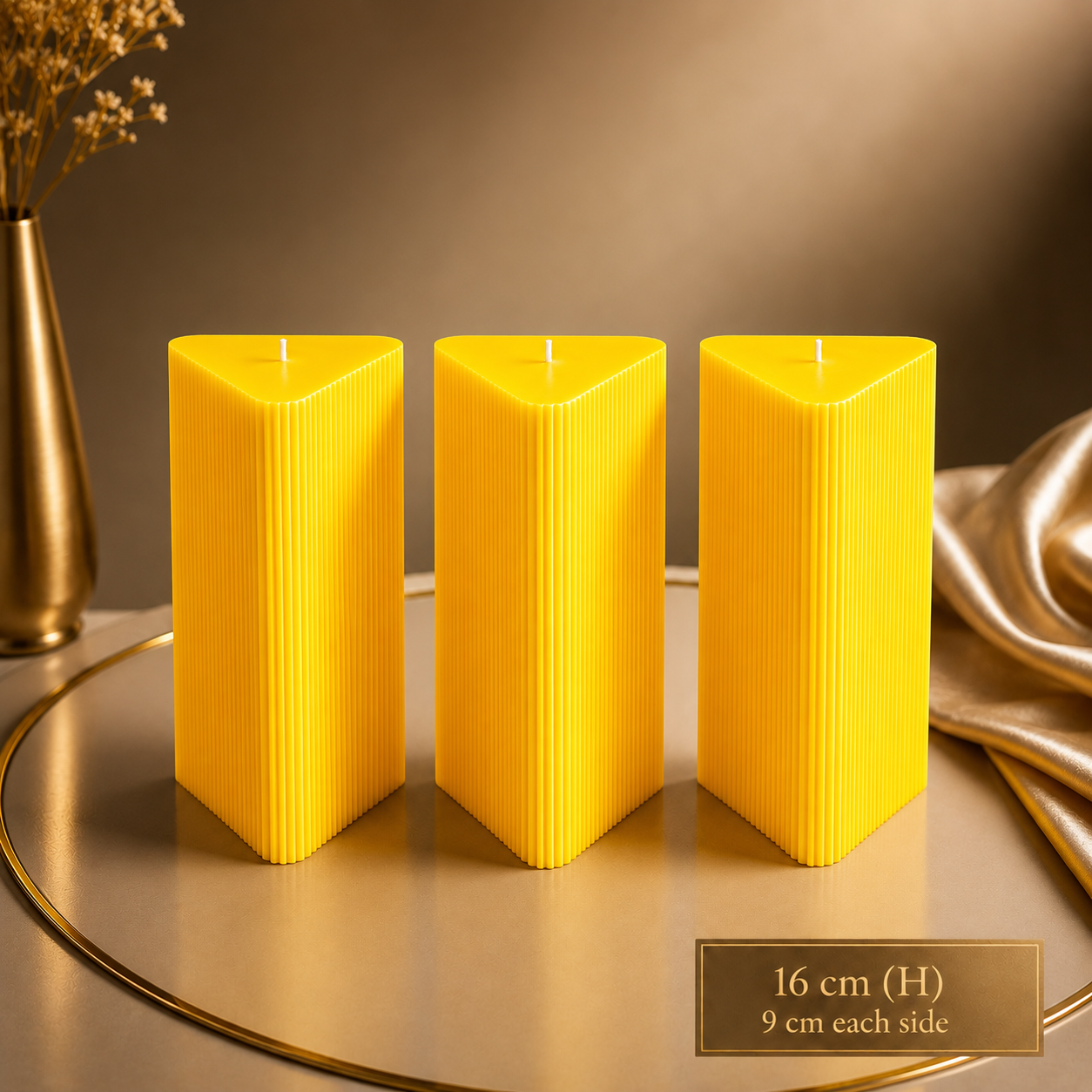 Large Triangle Ribbed Scented Pillar Candle yellow
