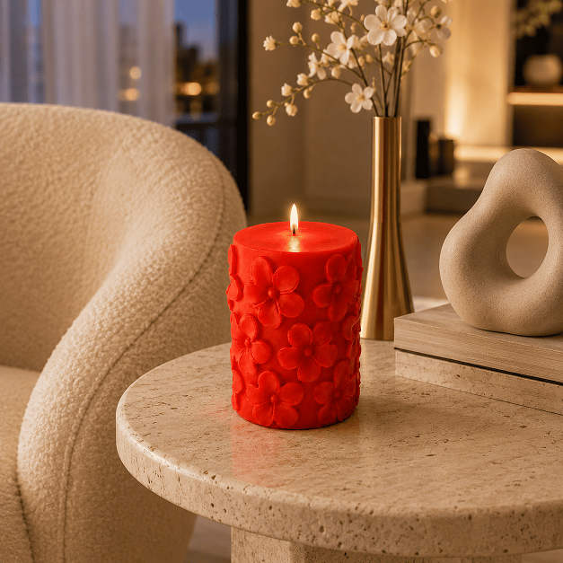 Derben Clove Floral Scented Pillar Candles for Party - RED