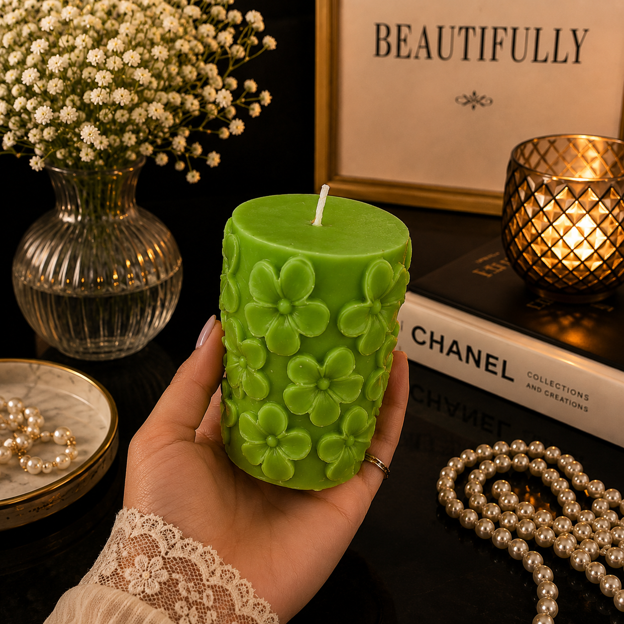 Derben Clove Floral Scented Pillar Candles for Party - GREEN
