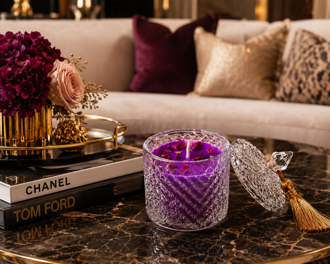 Premium Round Glass Jar Scented Candle - PURPLE
