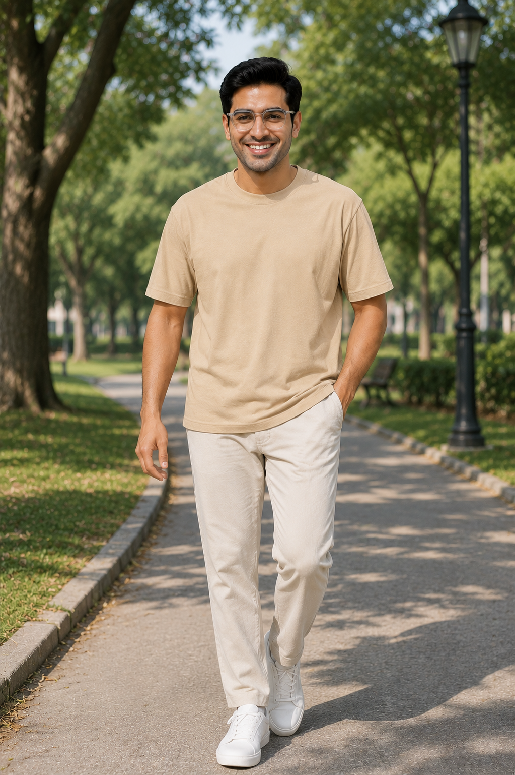 Plain Oversized T Shirt for Men Baggy Cotton Gym Tee Loose Fit - BEIGE