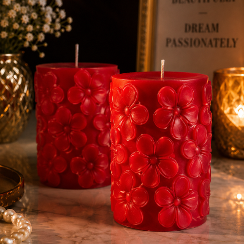 Derben Clove Floral Scented Pillar Candles for Party - RED