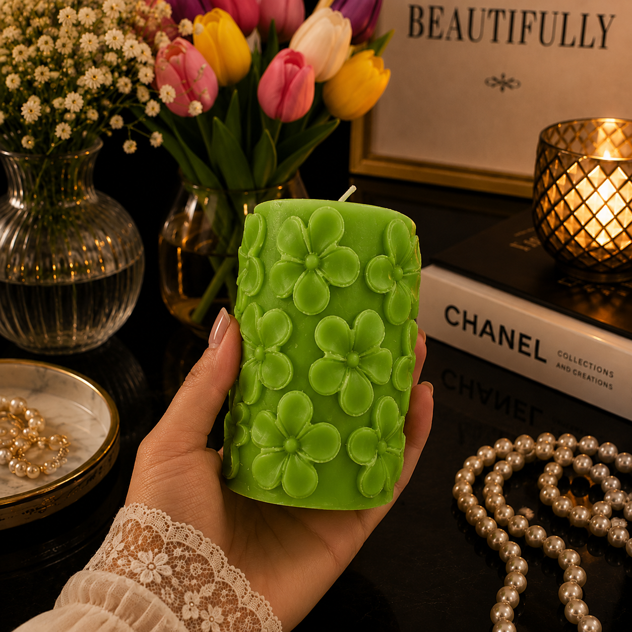 Floral Scented Pillar Candles for Party Fresh GREEN