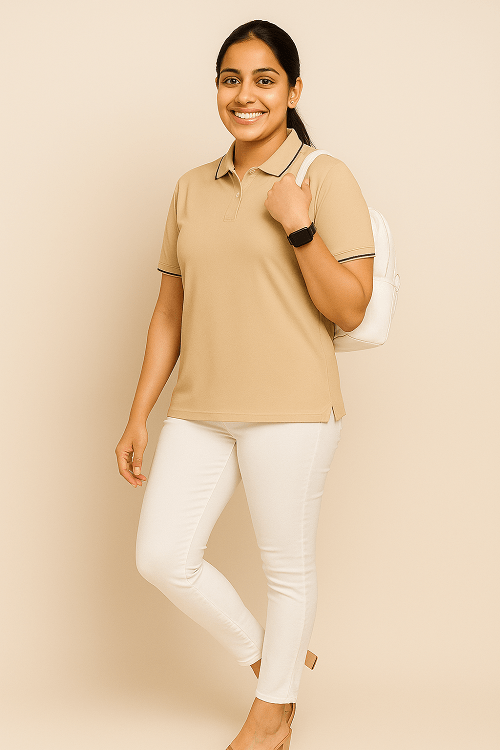 Beige Polo Formal T Shirt for Women | Office Wear T Shirt for Ladies