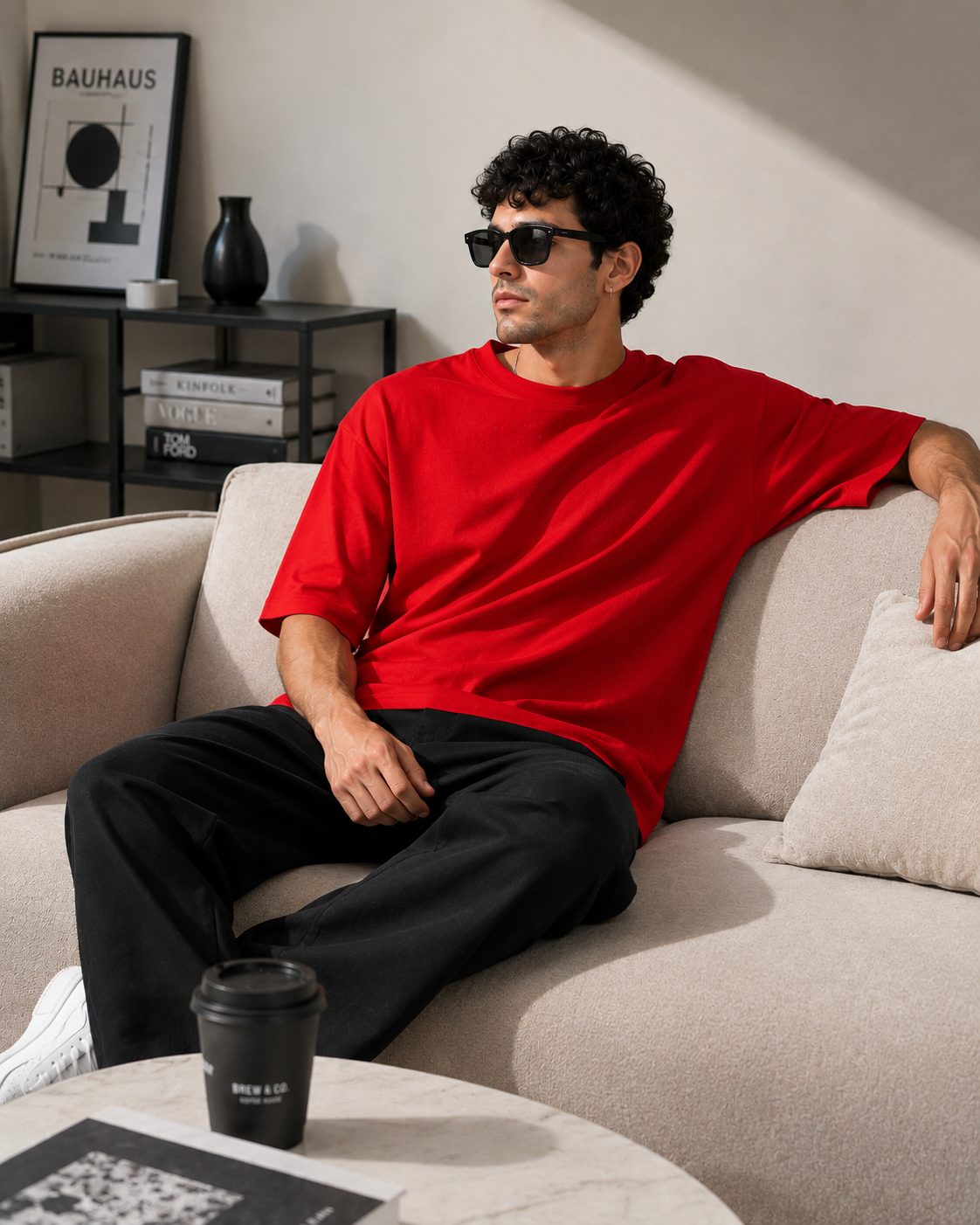 Red off shoulder cotton oversized t shirt men love for gym & casual