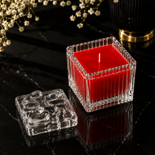 Square Glass Jar Scented Candle with Crystal Lid RED
